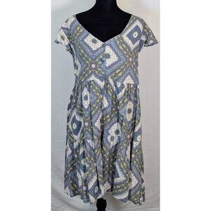 True Craft Floral Boho Dress 0X Blue Patchwork Rayon Flutter Sleeve Babydoll NWT